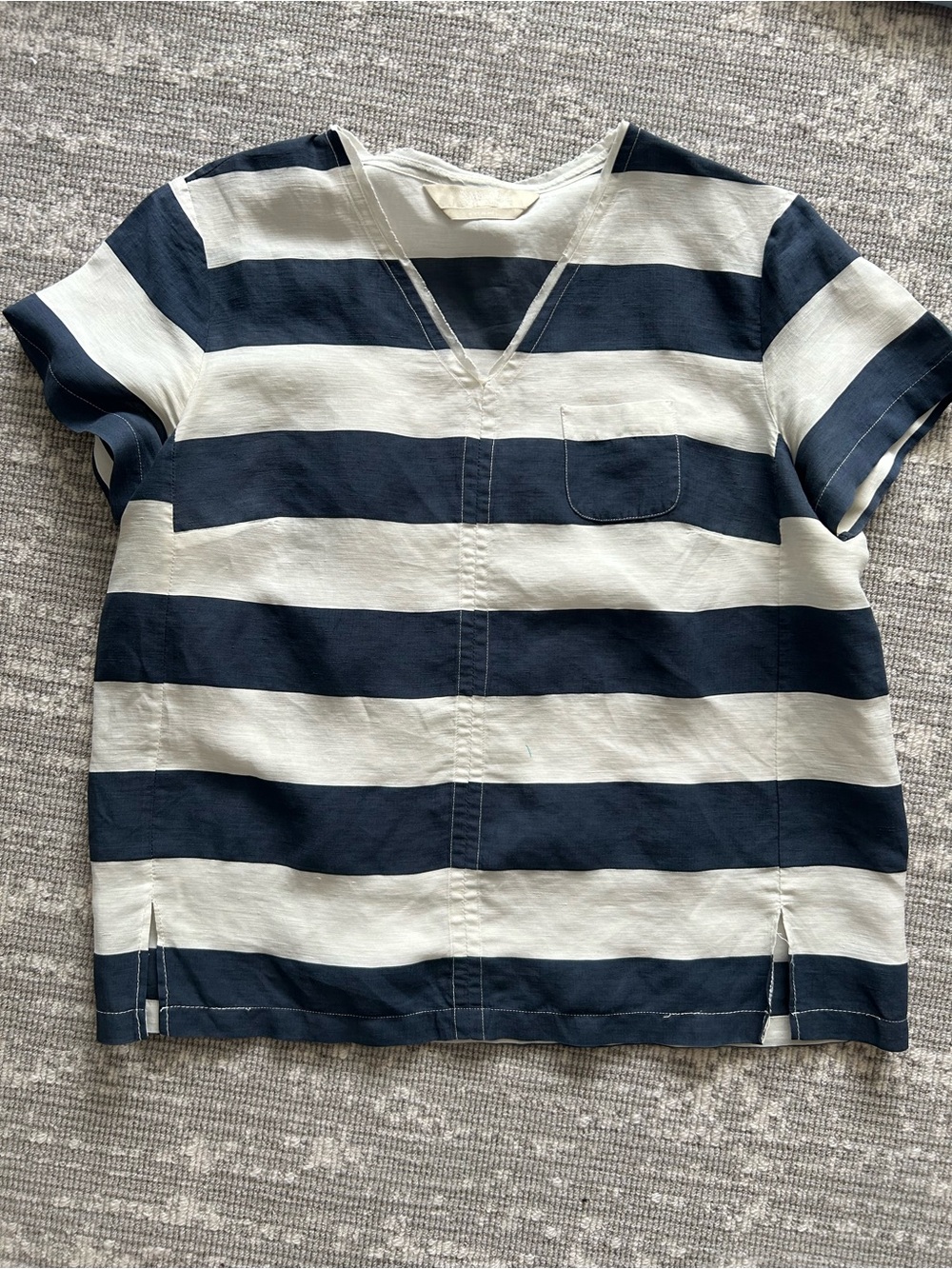 Max Mara Short-Sleeve V-Neck Stripe Tee in Navy and White